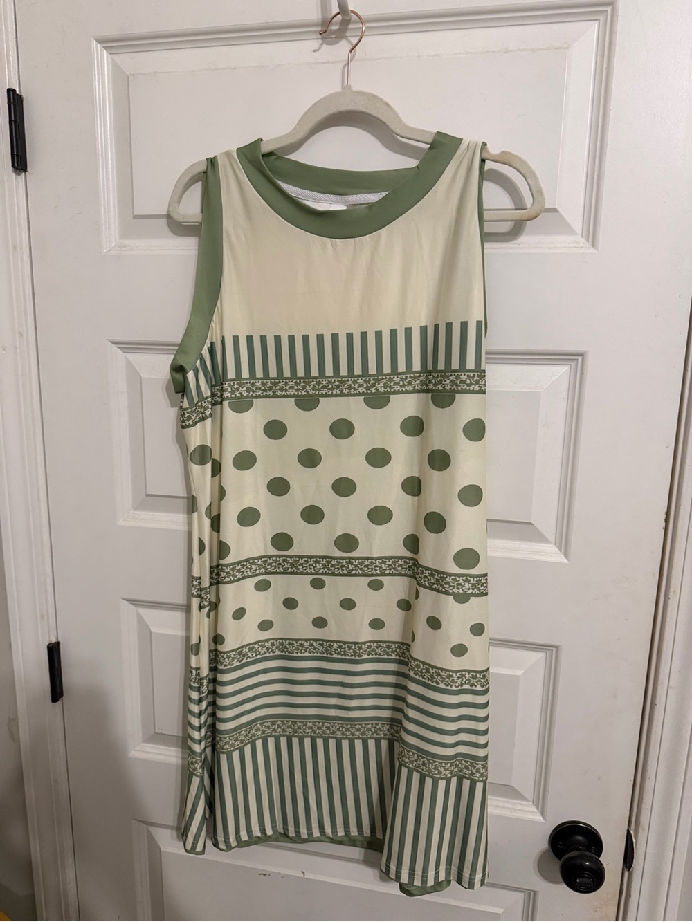 Source Unknown Green and Cream Polka Dot Striped Mini Dress